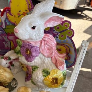 White & Pink Ceramic Easter Bunny Figurine with Floral Accents